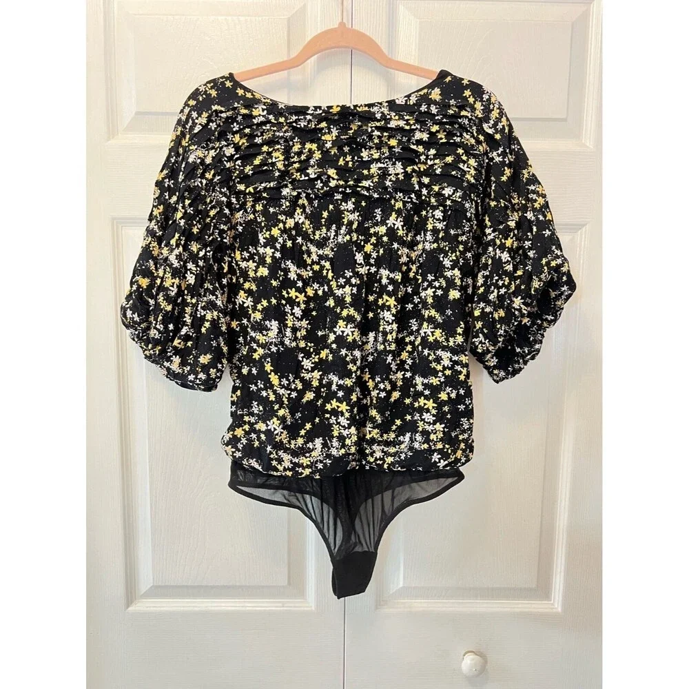 Free People Black‎ Dessa Bodysuit Floral Puff Sleeve New Revolve womens size S